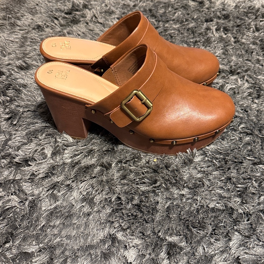 Time and Tru Brown Mules with Studded Detail